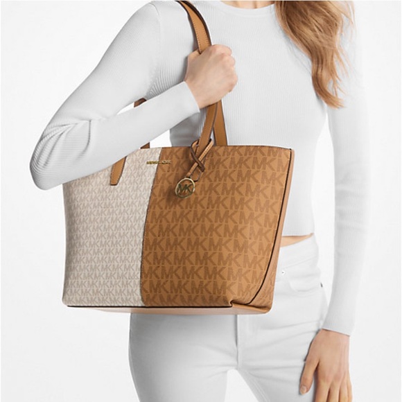 NWT Michael Kors Jet Set Medium Two-Tone Logo Tote Bag, Tan & Cream - Picture 4 of 4